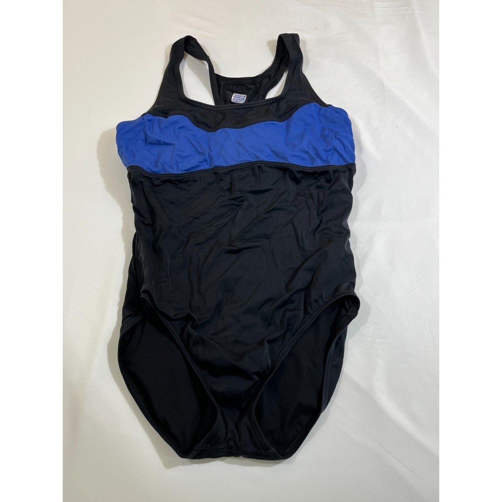 Lands' End Women's Swimsuit Size 6 Black Blue Colorblock Racerback One Piece